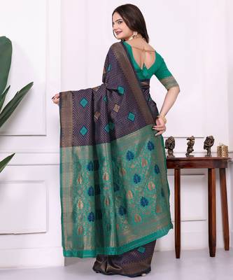 blue festive special traditional art silk blend woven saree 2