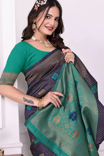 blue festive special traditional art silk blend woven saree