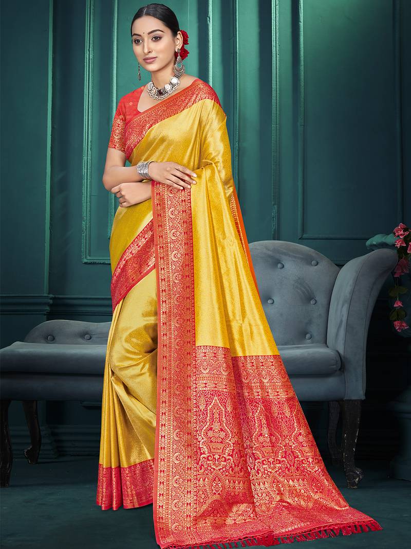 yellow color traditional kanjivaram silk blend blend saree with beautiful woven designer
