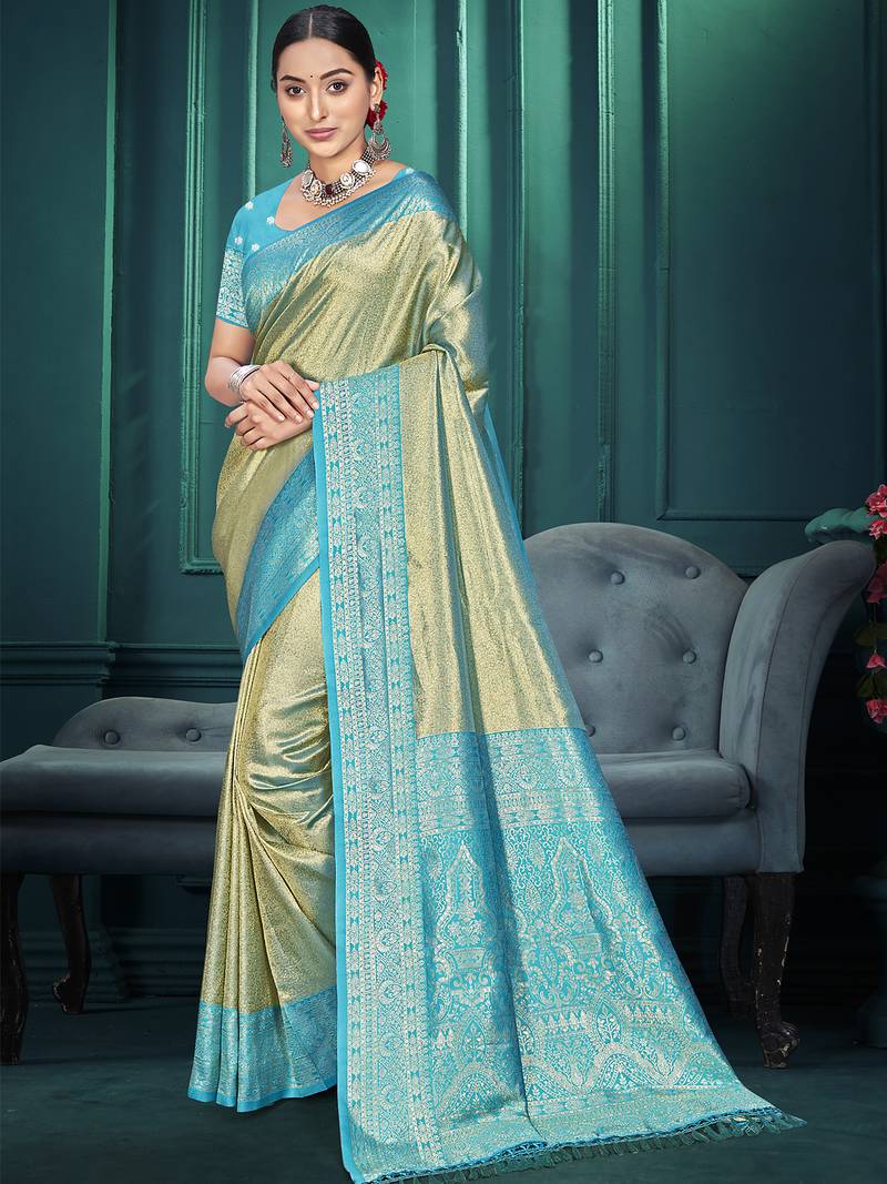 pista color traditional kanjivaram silk blend blend saree with beautiful woven designer
