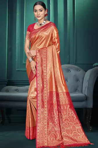 peach color traditional kanjivaram silk blend blend saree with beautiful woven designer