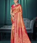 peach color traditional kanjivaram silk blend blend saree with beautiful woven designer