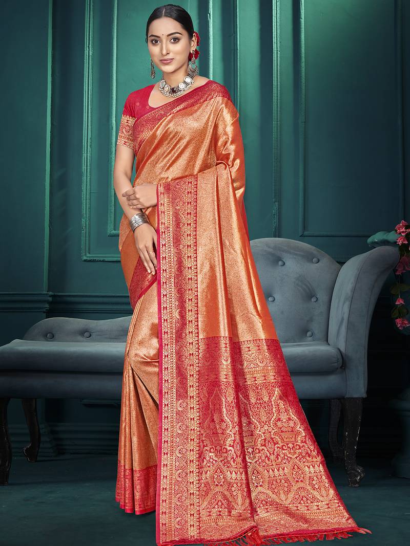 peach color traditional kanjivaram silk blend blend saree with beautiful woven designer