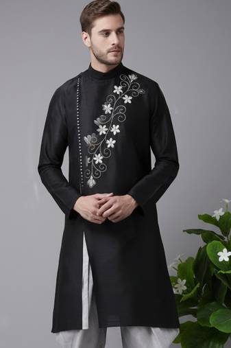 Black embroidered dupion silk kurta
