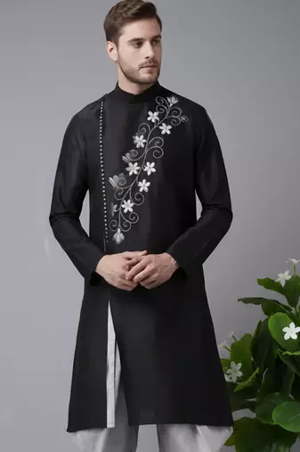 Black embroidered dupion silk kurta