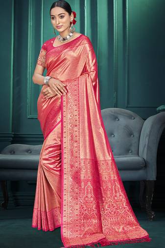 pink color traditional kanjivaram silk blend blend saree with beautiful woven designer