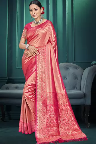 pink color traditional kanjivaram silk blend blend saree with beautiful woven designer
