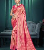 pink color traditional kanjivaram silk blend blend saree with beautiful woven designer