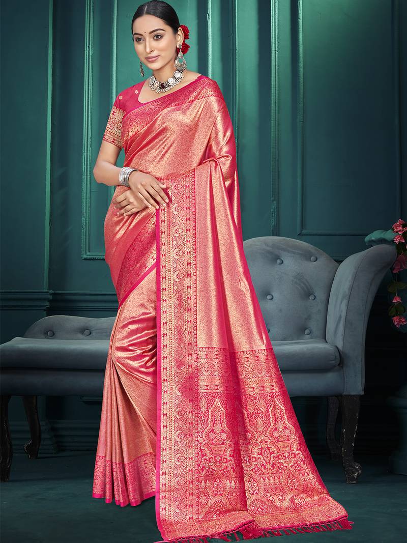 pink color traditional kanjivaram silk blend blend saree with beautiful woven designer