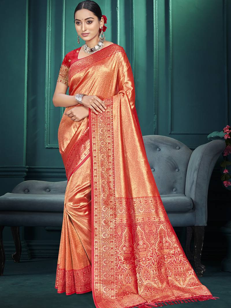 orange color traditional kanjivaram silk blend blend saree with beautiful woven designer