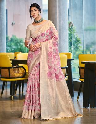 pink cotton silk blend woven ceremonial saree 1