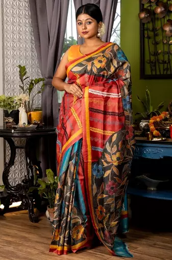 multicolor woven tussar kantha work all seasons sarees