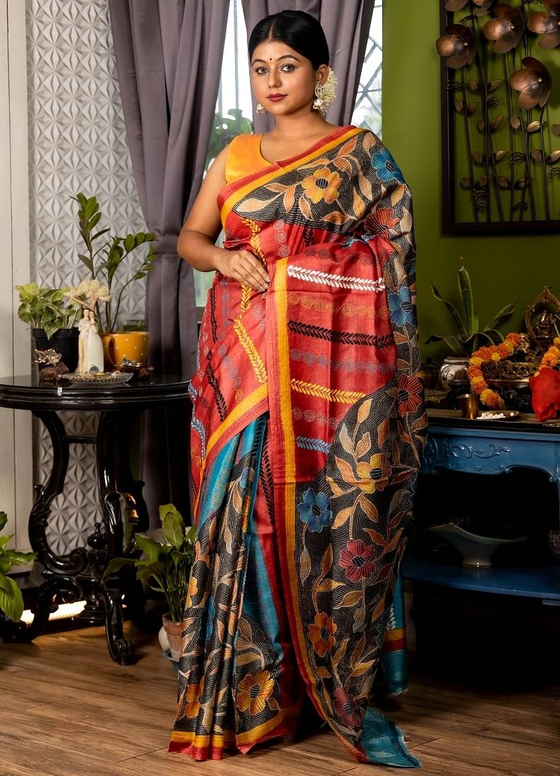 multicolor woven tussar kantha work all seasons sarees