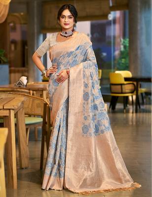 sky blue cotton silk blend woven ceremonial saree 1