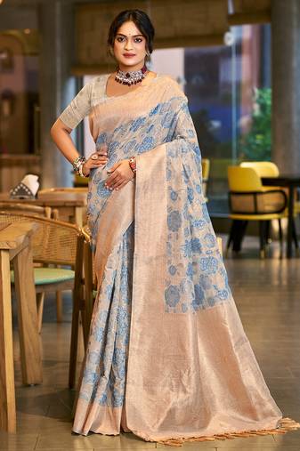 sky blue color cotton silk blend fabric woven designer ceremonial saree