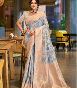 sky blue color cotton silk blend fabric woven designer ceremonial saree