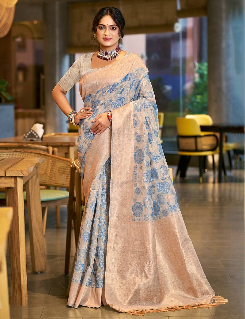 sky blue color cotton silk blend fabric woven designer ceremonial saree