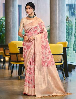 pastel pink cotton silk blend woven ceremonial saree 1
