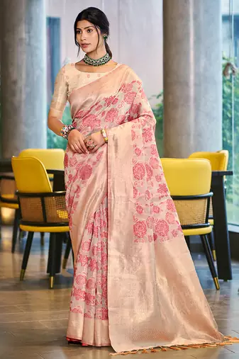 pastel pink color cotton silk blend fabric woven designer ceremonial saree