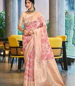pastel pink color cotton silk blend fabric woven designer ceremonial saree