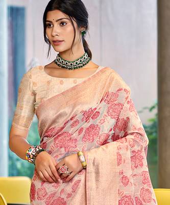 pastel pink cotton silk blend woven ceremonial saree 2