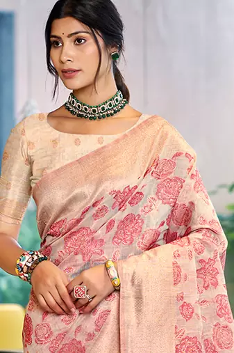 pastel pink cotton silk blend woven ceremonial saree