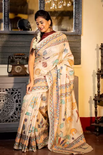 beige hand woven tussar kantha work all seasons sarees