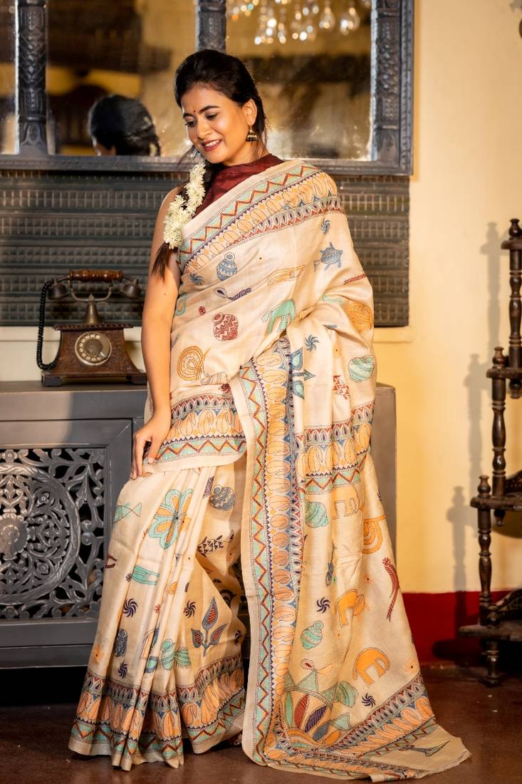 beige hand woven tussar kantha work all seasons sarees