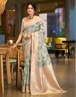green cotton silk blend woven ceremonial saree 1