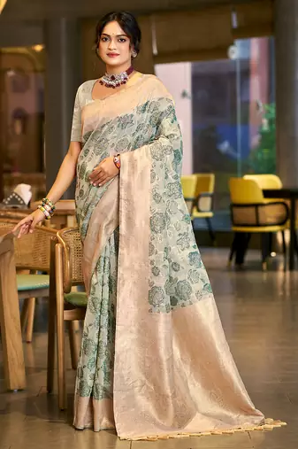 green color cotton silk blend fabric woven designer ceremonial saree