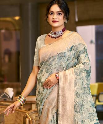 green cotton silk blend woven ceremonial saree 2