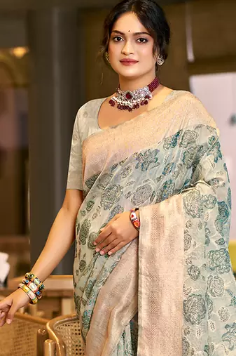 green cotton silk blend woven ceremonial saree