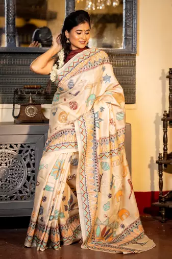 beige hand woven tussar kantha work all seasons sarees