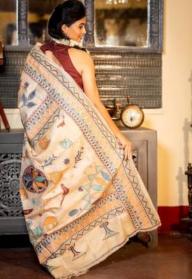 beige hand woven tussar kantha work all seasons sarees 4