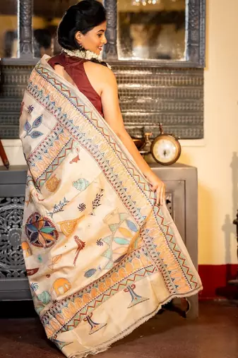 beige hand woven tussar kantha work all seasons sarees