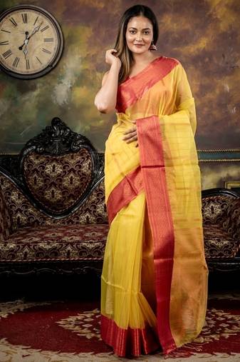 yellow woven silk blend cotton zari work all seasons sarees