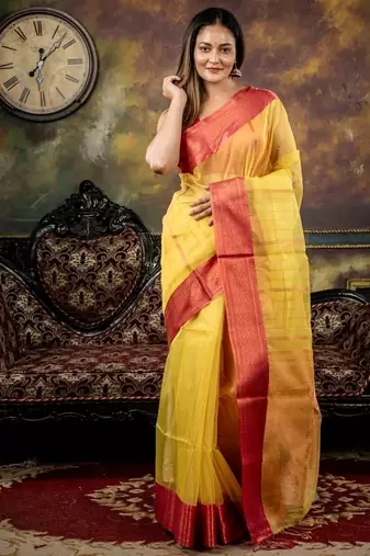 yellow woven silk blend cotton zari work all seasons sarees
