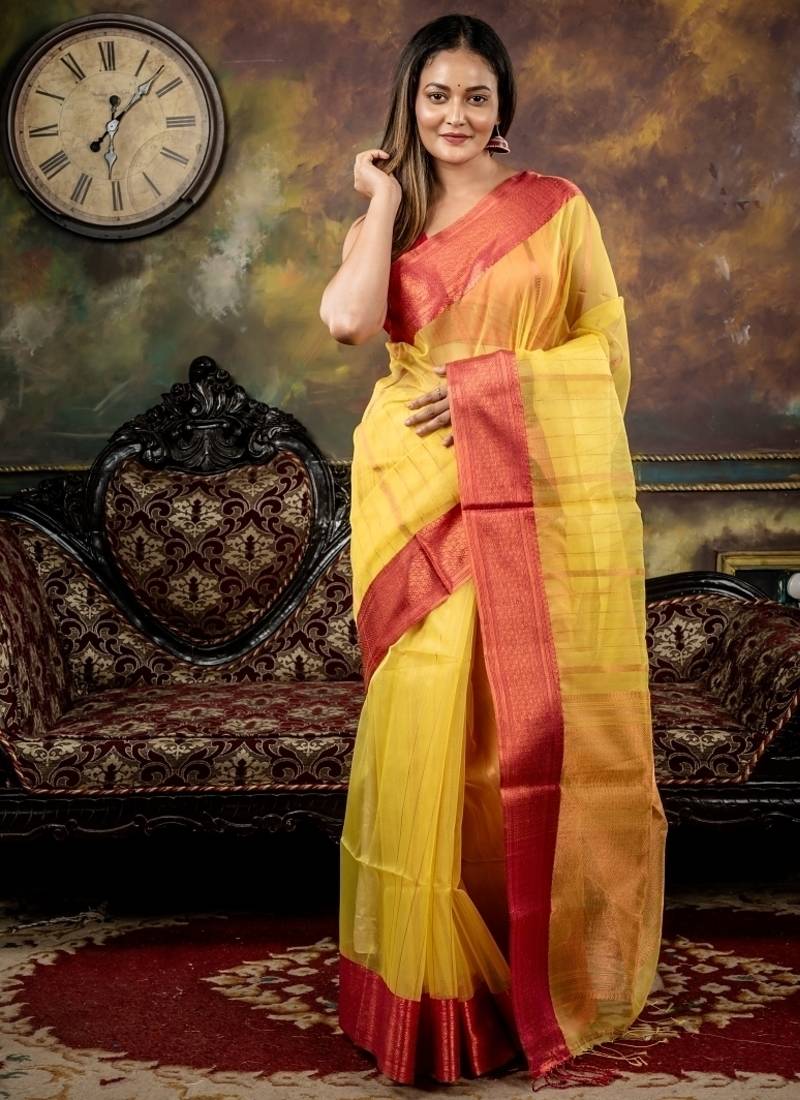 yellow woven silk blend cotton zari work all seasons sarees