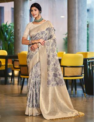 light grey cotton silk blend woven ceremonial saree 1