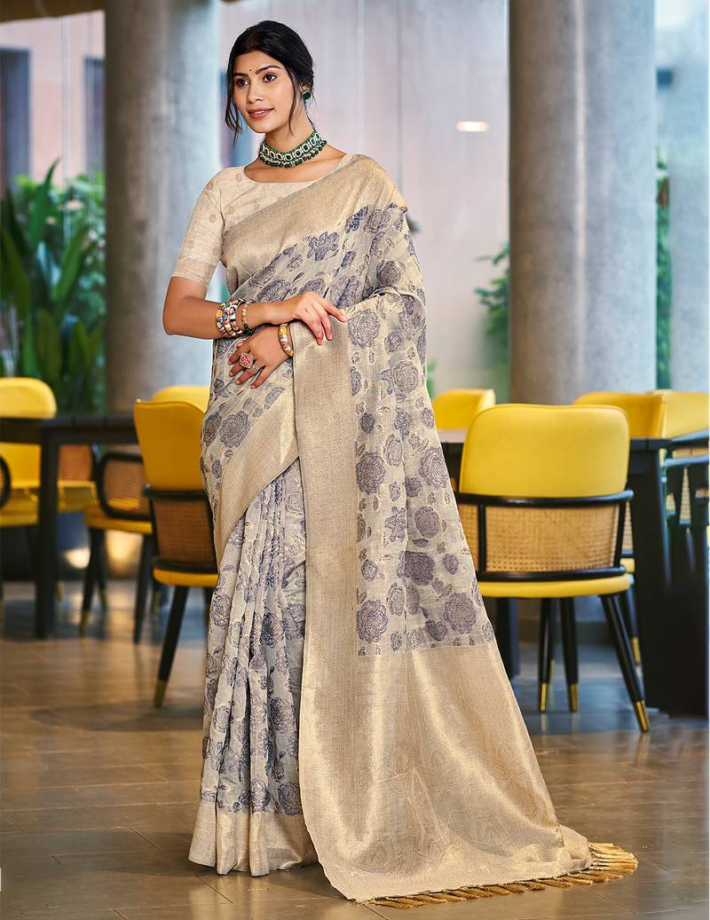 light grey color cotton silk blend fabric woven designer ceremonial saree