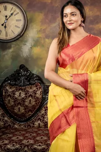 yellow woven silk blend cotton zari work all seasons sarees