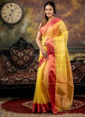 yellow woven silk blend cotton zari work all seasons sarees 3