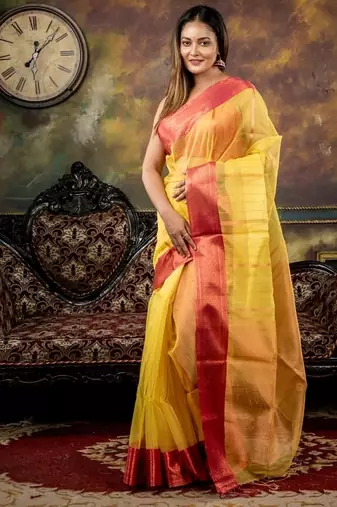 yellow woven silk blend cotton zari work all seasons sarees