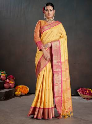 mustard graceful art silk blend woven jacquard saree 1