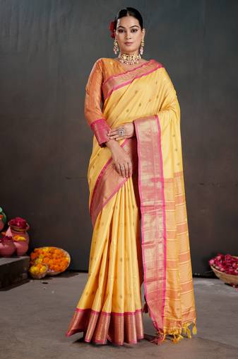 mustard color graceful art silk fabric woven jacquard designer saree