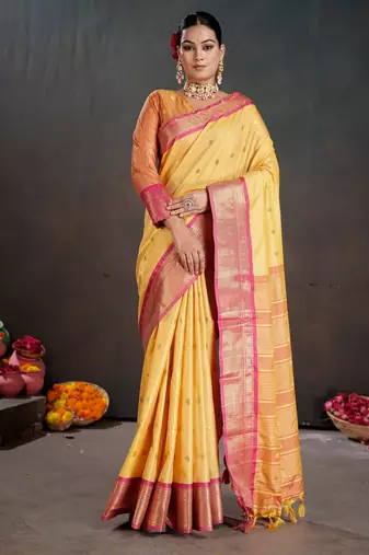 mustard color graceful art silk fabric woven jacquard designer saree