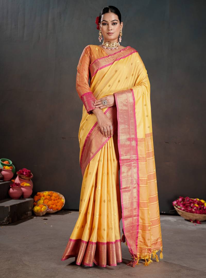 mustard color graceful art silk fabric woven jacquard designer saree