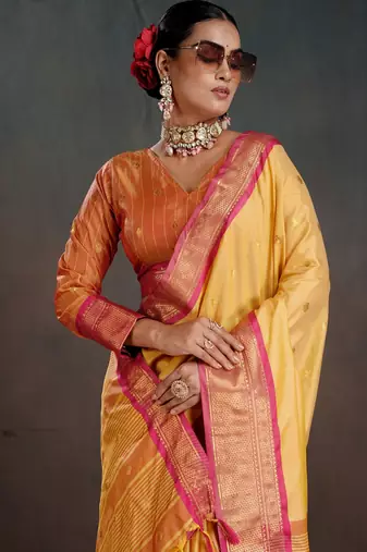 mustard graceful art silk blend woven jacquard saree