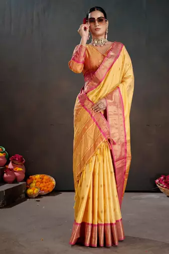 mustard graceful art silk blend woven jacquard saree