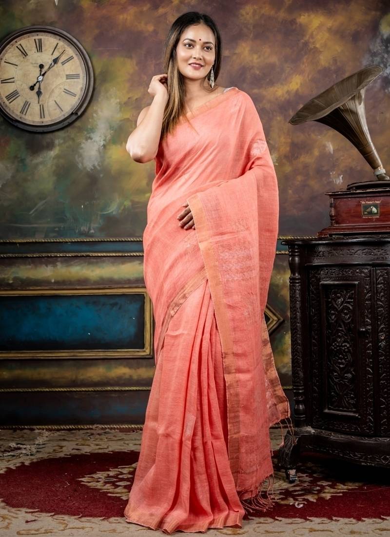 pink hand woven linen zari work all seasons sarees